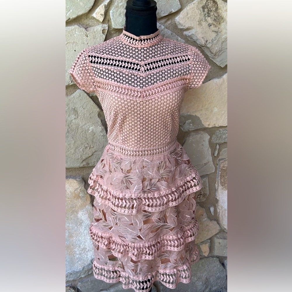 Y.A.S. Dress Size XS/S Coral Pink Fit Flare Crochet Lace Embroidered Excellent‎